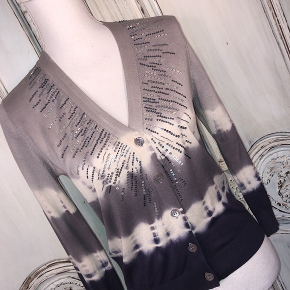 BCBGMAXAZRIA Silk and Cotton Blend Tie Dye Sequin and Beaded Sweater Size Small - Picture 2 of 12